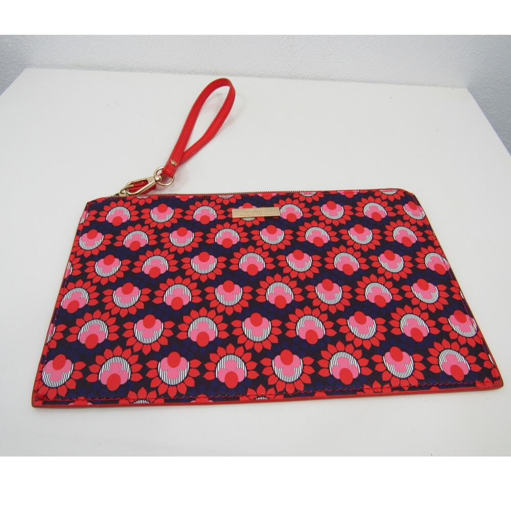 Trina Turk Red Pink Floral Pattern Medium Sized Zipper Cosmetics Pouch Wristlet